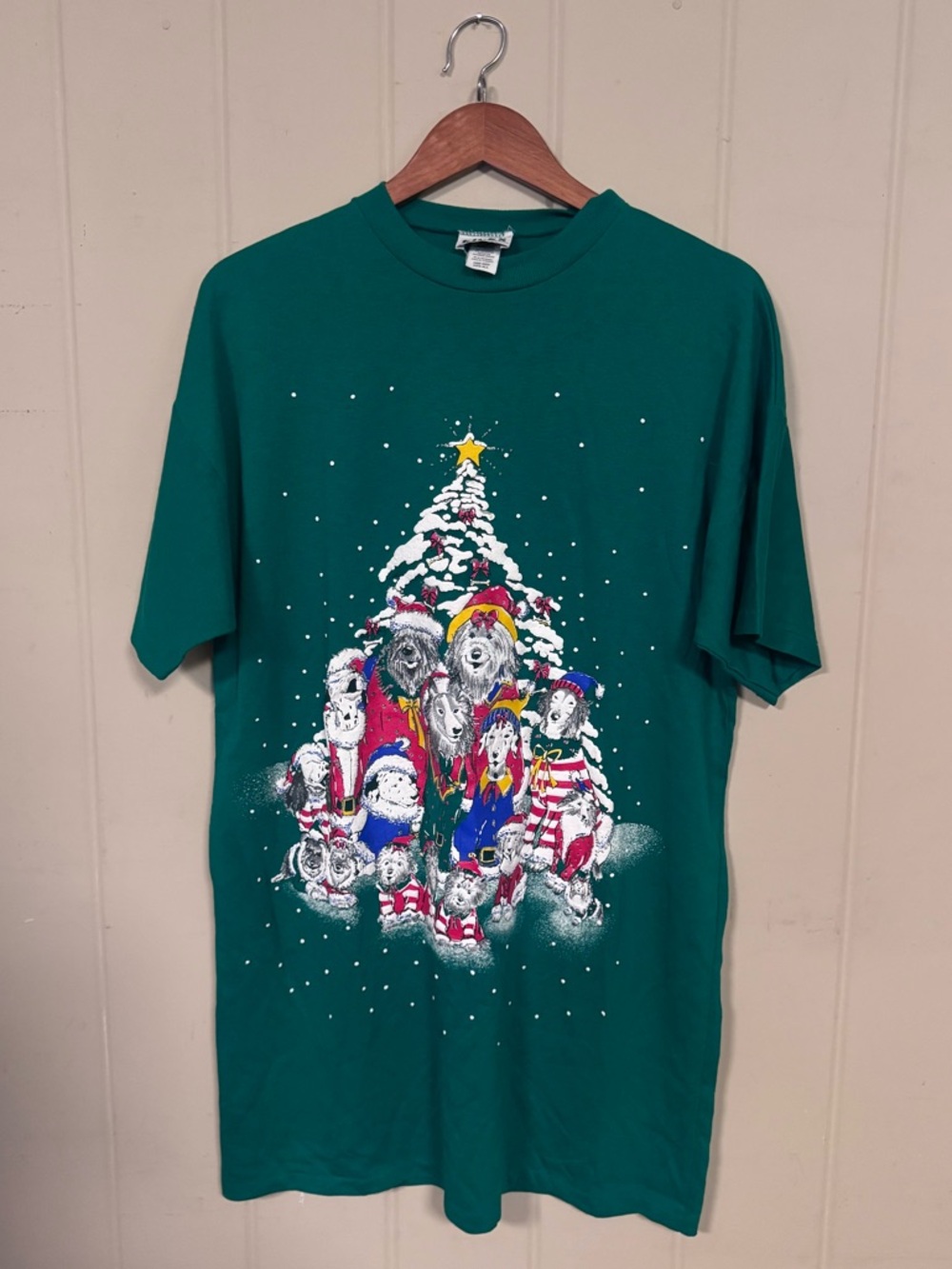 Vintage Christmas Nightgown OS Green Dog Print Holiday Sleep Shirt One Size